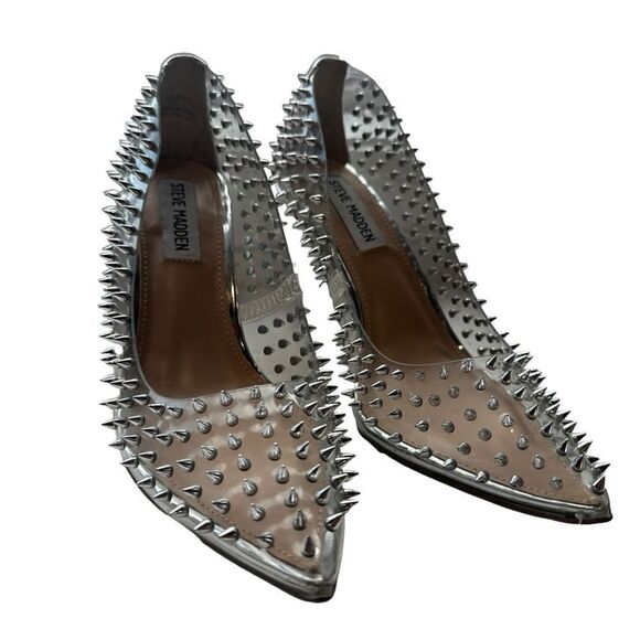 Revolve Steve Madden Luiza Vala Studded Clear Pointed toe Stiletto Heels Silver - Picture 5 of 12